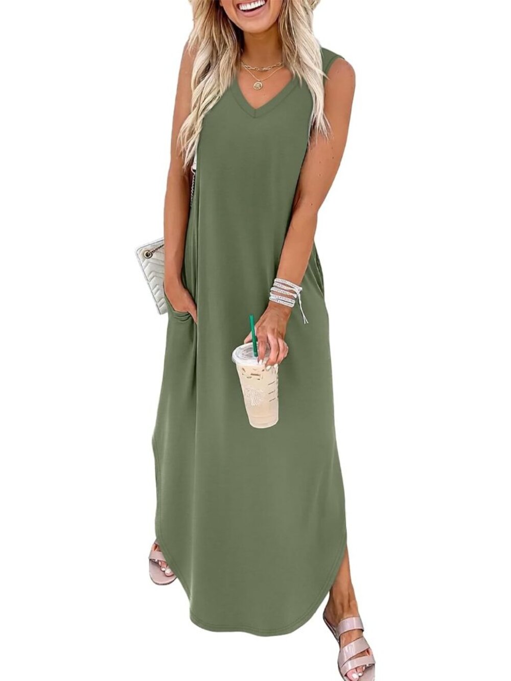 Women's Army Green Summer Maxi Dress Beach Vacation Sundress with Pockets